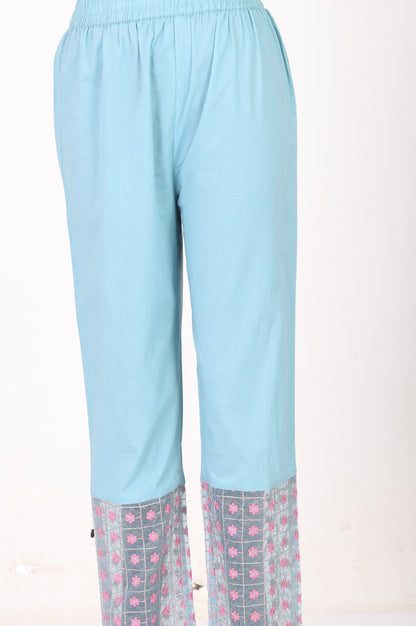 Turquoise Blue Floral Printed Lace Cotton Anarkali Kurta with Pants and Dupatta Set