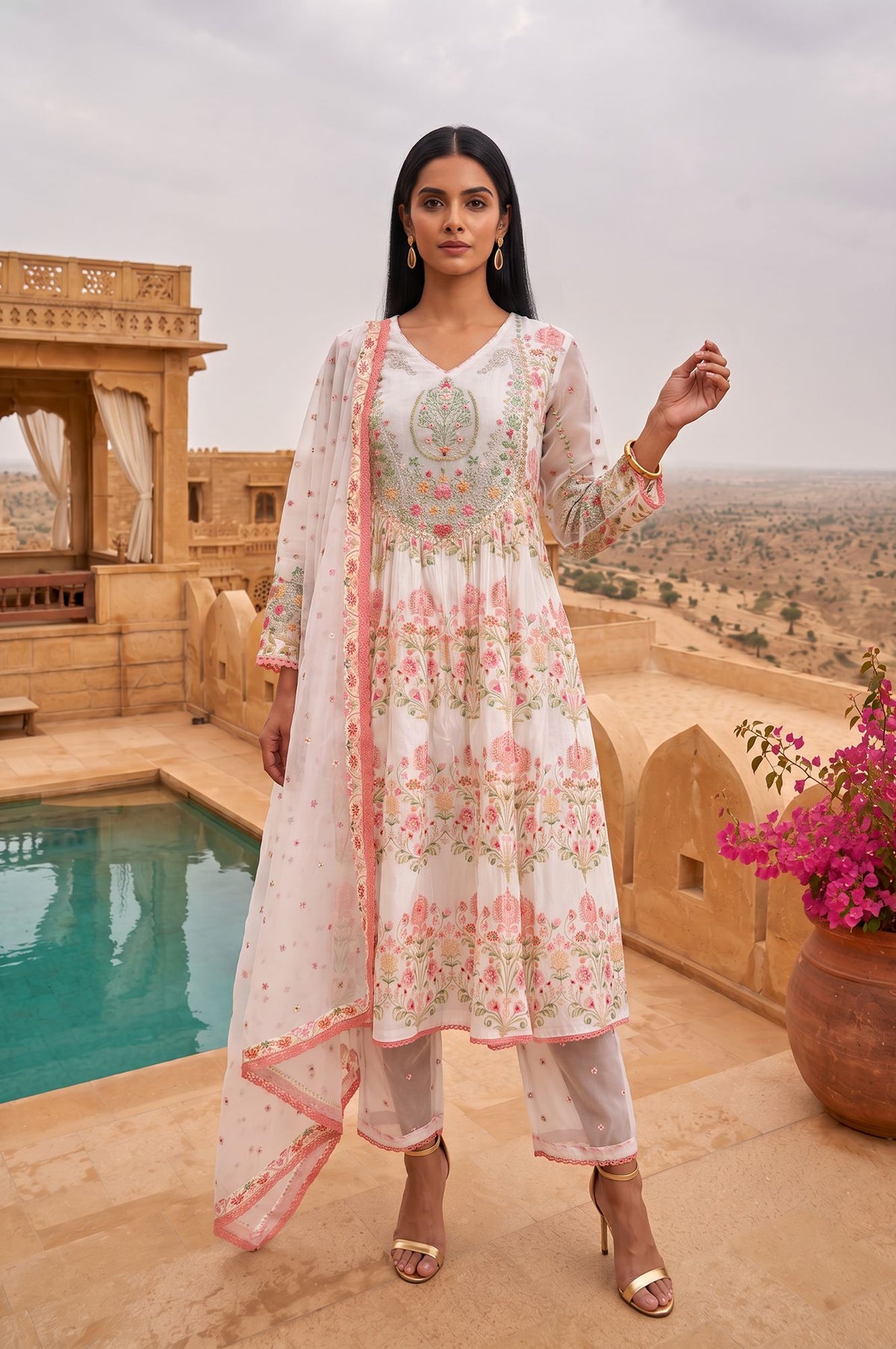 Off White Floral Printed Sequins Chinon Flared Kurta with Straight Pants and Dupatta Set