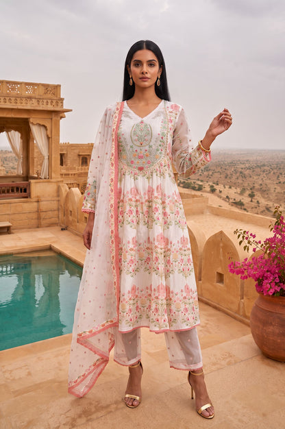 Off White Floral Printed Sequins Chinon Flared Kurta with Straight Pants and Dupatta Set