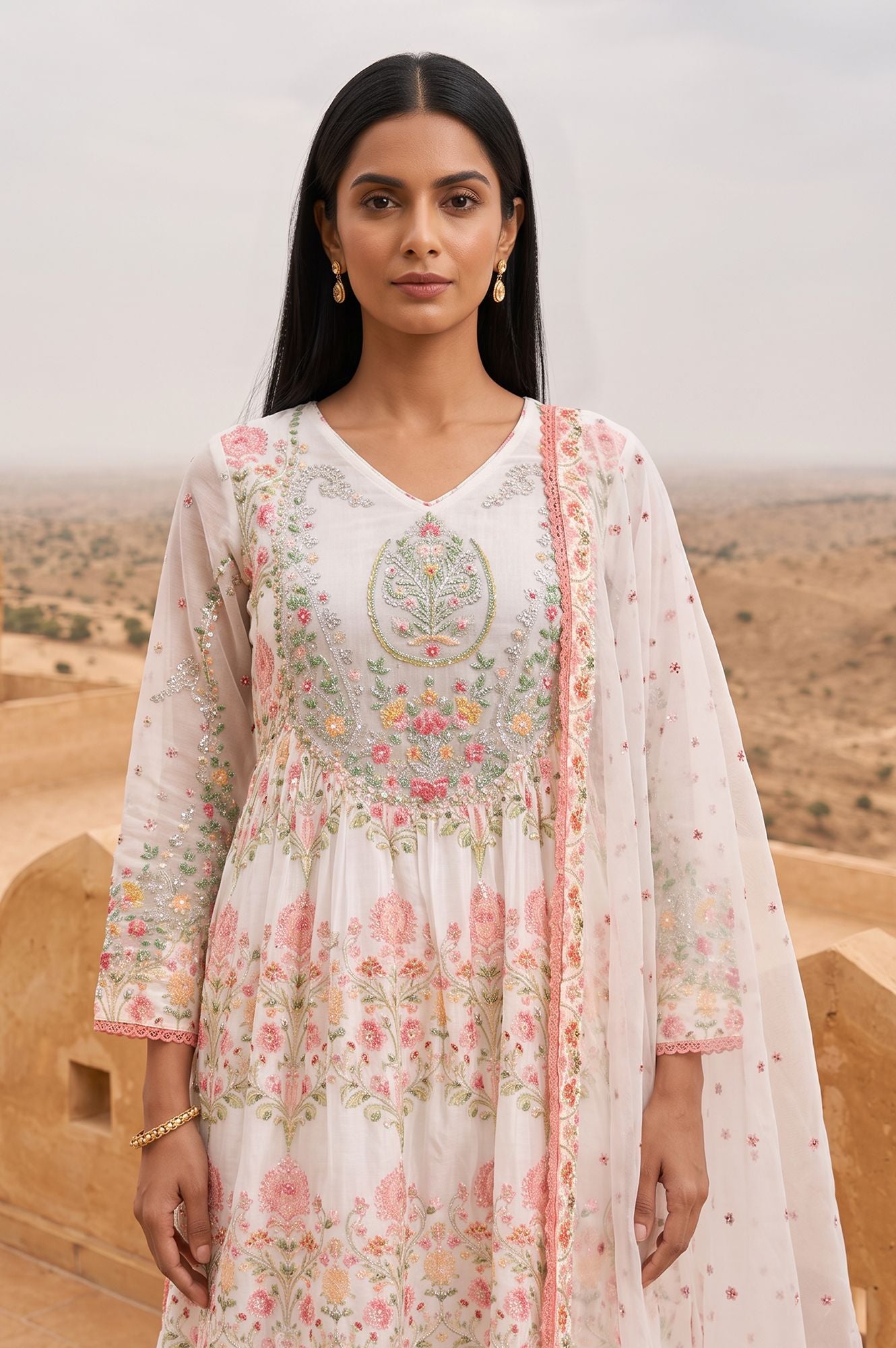 Off White Floral Printed Sequins Chinon Flared Kurta with Straight Pants and Dupatta Set