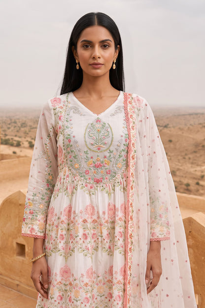 Off White Floral Printed Sequins Chinon Flared Kurta with Straight Pants and Dupatta Set