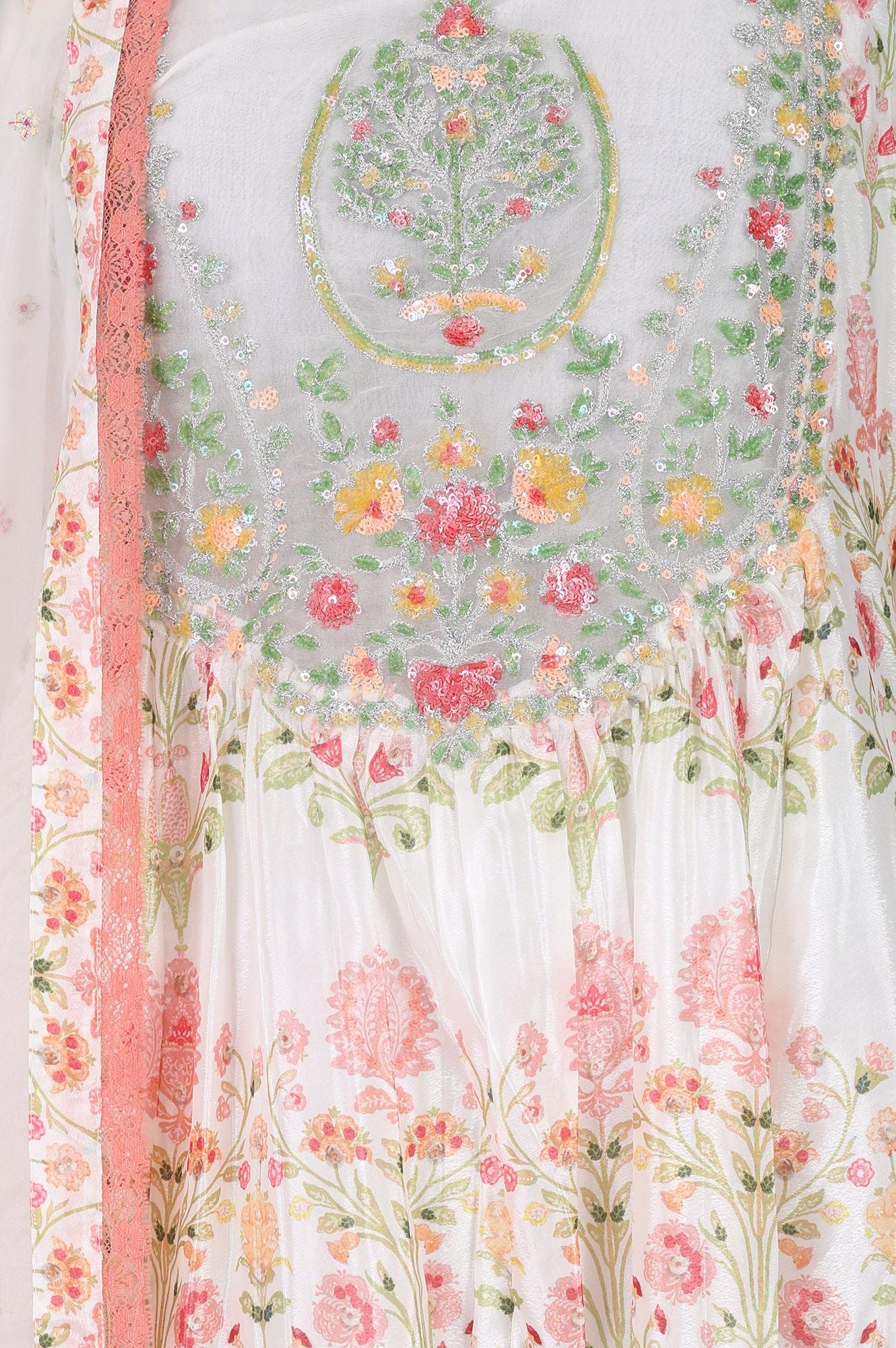 Off White Floral Printed Sequins Chinon Flared Kurta with Straight Pants and Dupatta Set