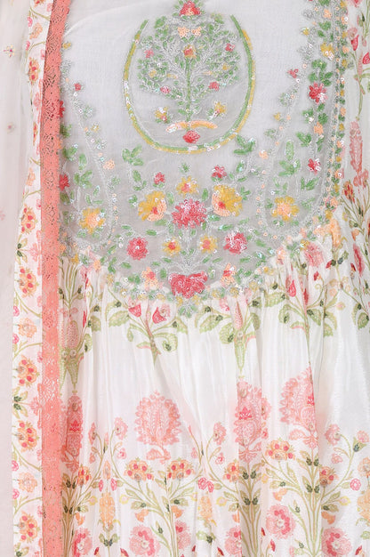 Off White Floral Printed Sequins Chinon Flared Kurta with Straight Pants and Dupatta Set