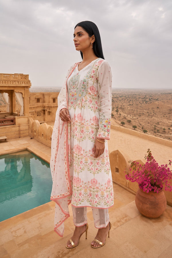 Off White Floral Printed Sequins Chinon Flared Kurta with Straight Pants and Dupatta Set