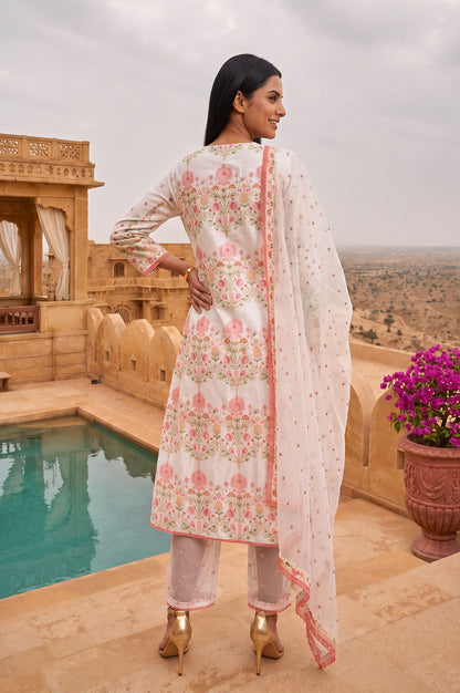 Off White Floral Printed Sequins Chinon Flared Kurta with Straight Pants and Dupatta Set