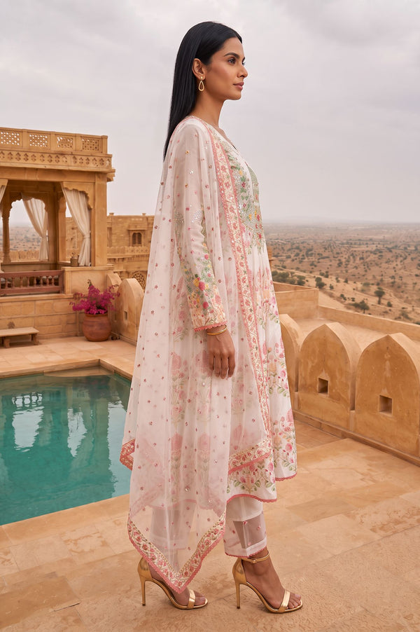 Off White Floral Printed Sequins Chinon Flared Kurta with Straight Pants and Dupatta Set