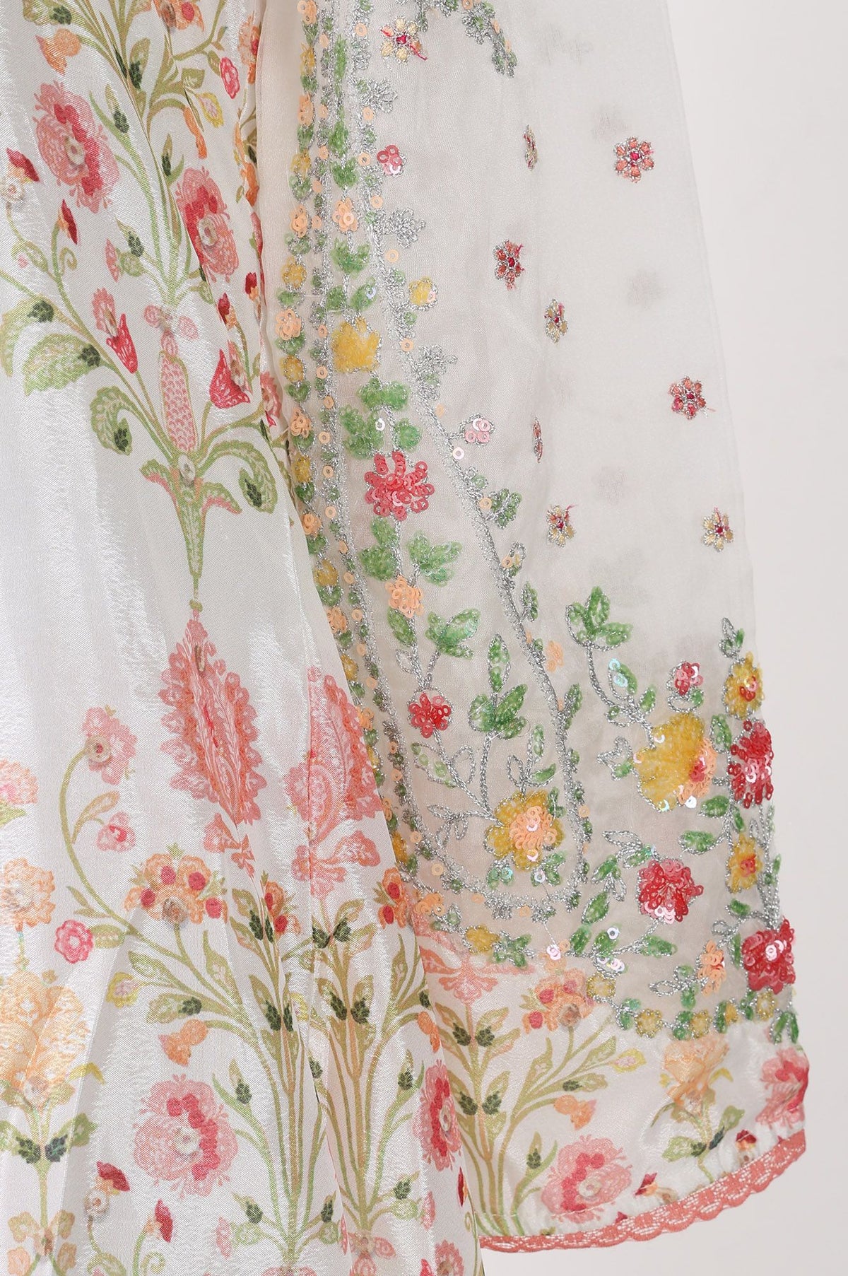 Off White Floral Printed Sequins Chinon Flared Kurta with Straight Pants and Dupatta Set