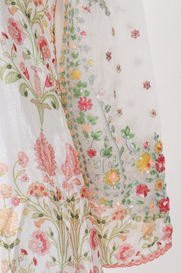 Off White Floral Printed Sequins Chinon Flared Kurta with Straight Pants and Dupatta Set