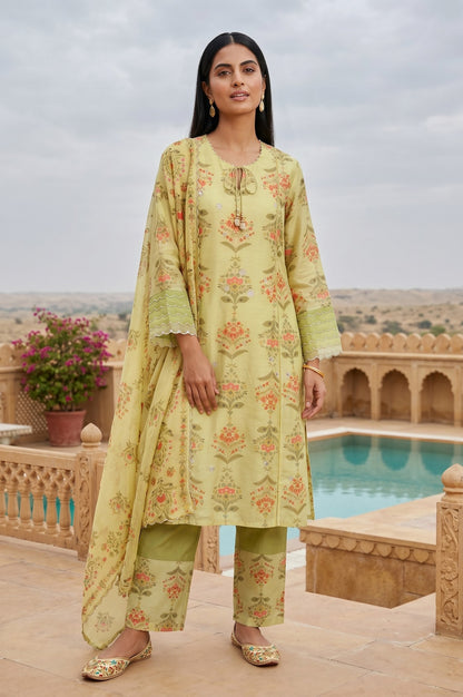 Lime Yellow Floral Printed Chanderi Straight Kurta with Pants and Dupatta Set