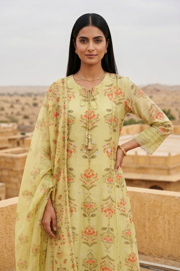 Lime Yellow Floral Printed Chanderi Straight Kurta with Pants and Dupatta Set