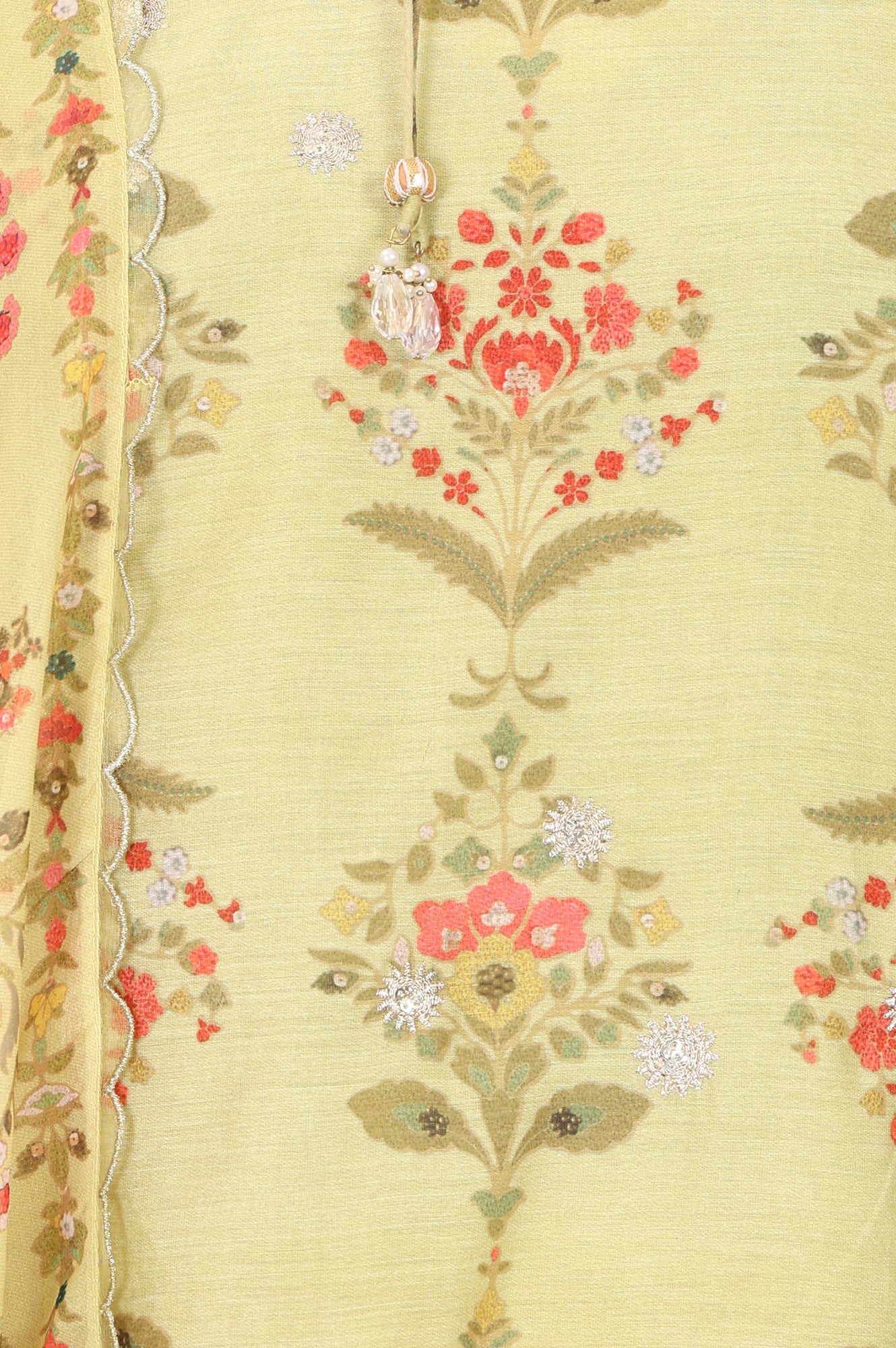 Lime Yellow Floral Printed Chanderi Straight Kurta with Pants and Dupatta Set