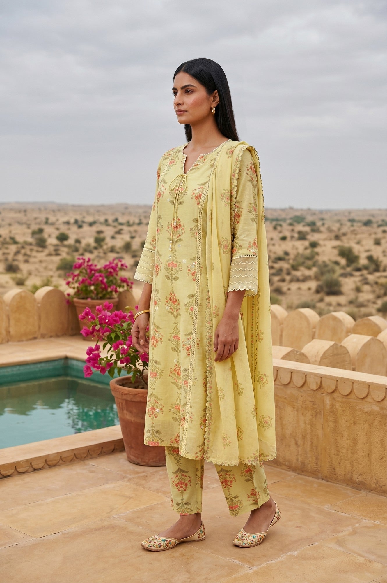 Lime Yellow Floral Printed Chanderi Straight Kurta with Pants and Dupatta Set