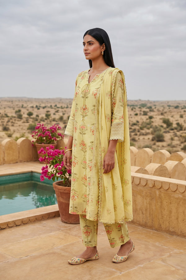 Lime Yellow Floral Printed Chanderi Straight Kurta with Pants and Dupatta Set