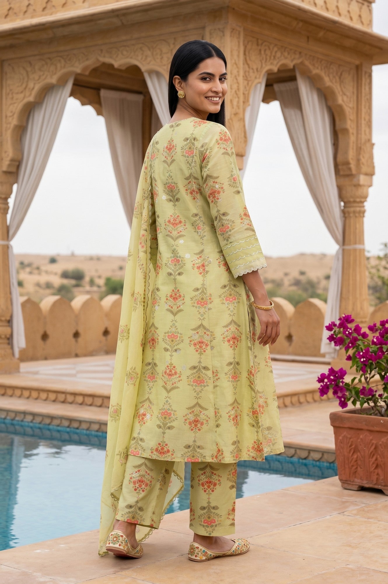 Lime Yellow Floral Printed Chanderi Straight Kurta with Pants and Dupatta Set