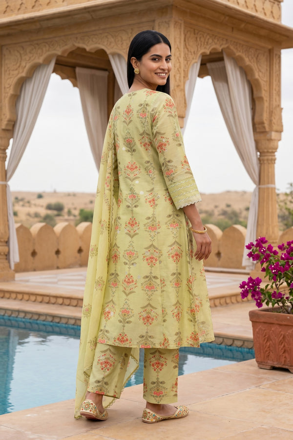 Lime Yellow Floral Printed Chanderi Straight Kurta with Pants and Dupatta Set