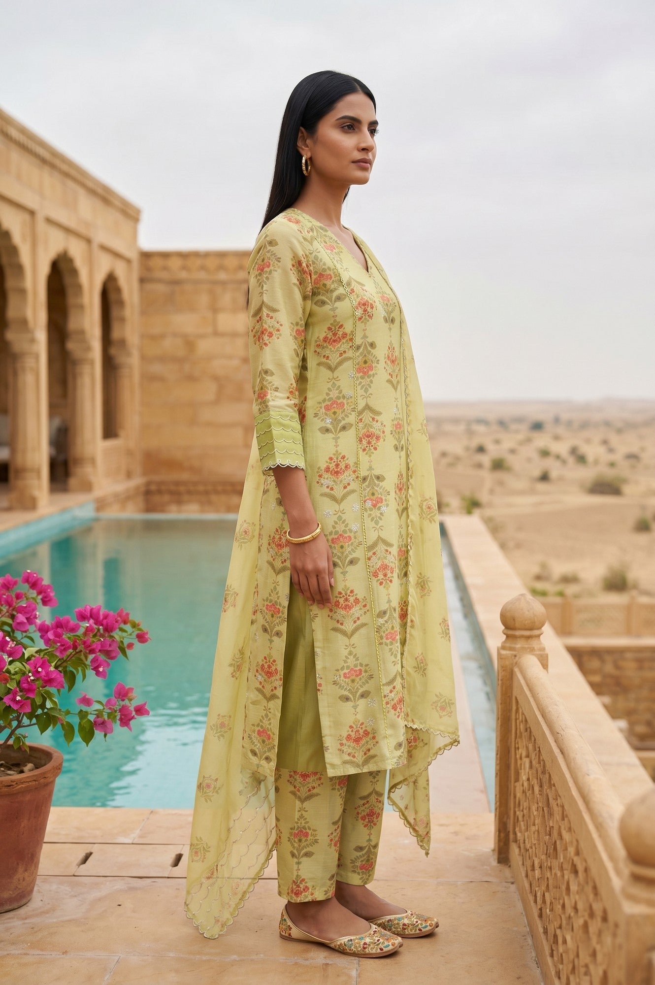 Lime Yellow Floral Printed Chanderi Straight Kurta with Pants and Dupatta Set