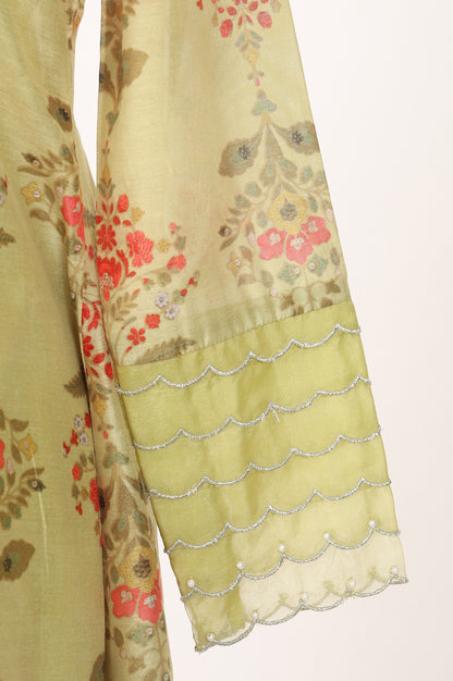 Lime Yellow Floral Printed Chanderi Straight Kurta with Pants and Dupatta Set