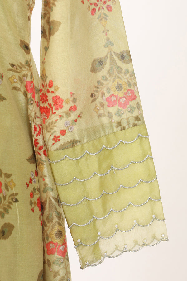 Lime Yellow Floral Printed Chanderi Straight Kurta with Pants and Dupatta Set