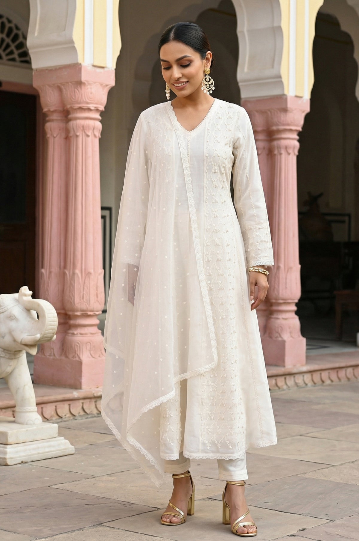 Off White Thread Embroidered Anarkali Kurta with Churidar and Dupatta Set - XS