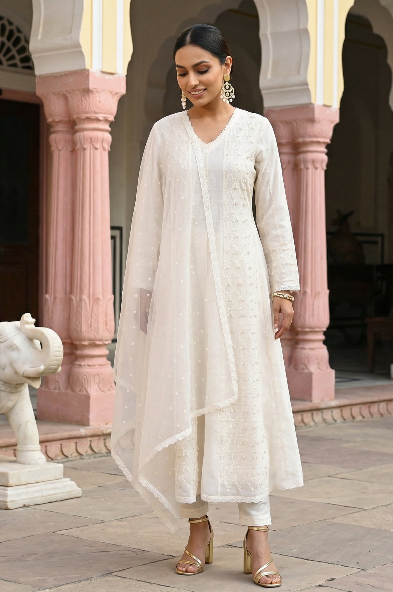 Off White Thread Embroidered Anarkali Kurta with Churidar and Dupatta Set