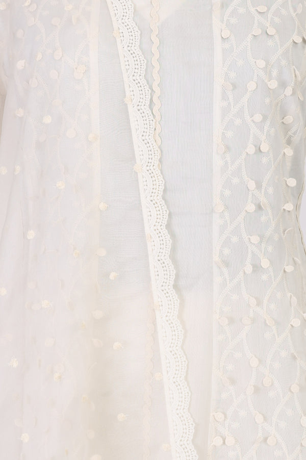 Off White Thread Embroidered Anarkali Kurta with Churidar and Dupatta Set
