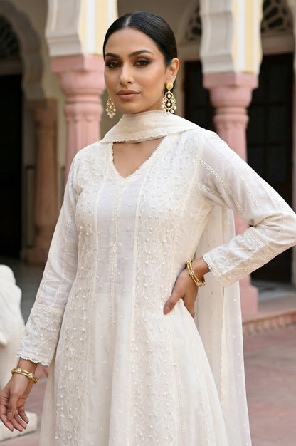 Off White Thread Embroidered Anarkali Kurta with Churidar and Dupatta Set
