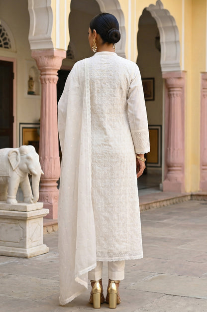 Off White Thread Embroidered Anarkali Kurta with Churidar and Dupatta Set