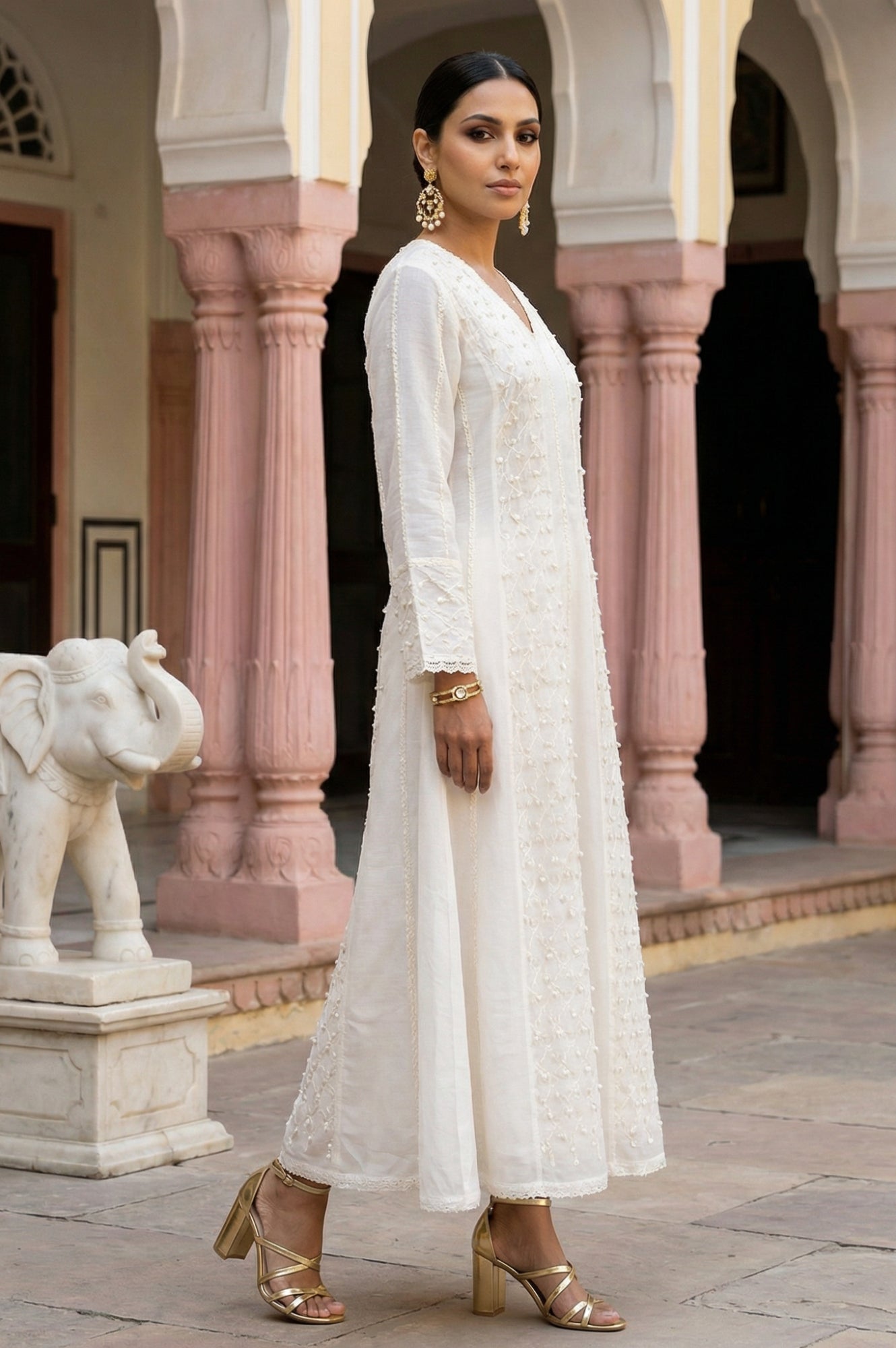 Off White Thread Embroidered Anarkali Kurta with Churidar and Dupatta Set