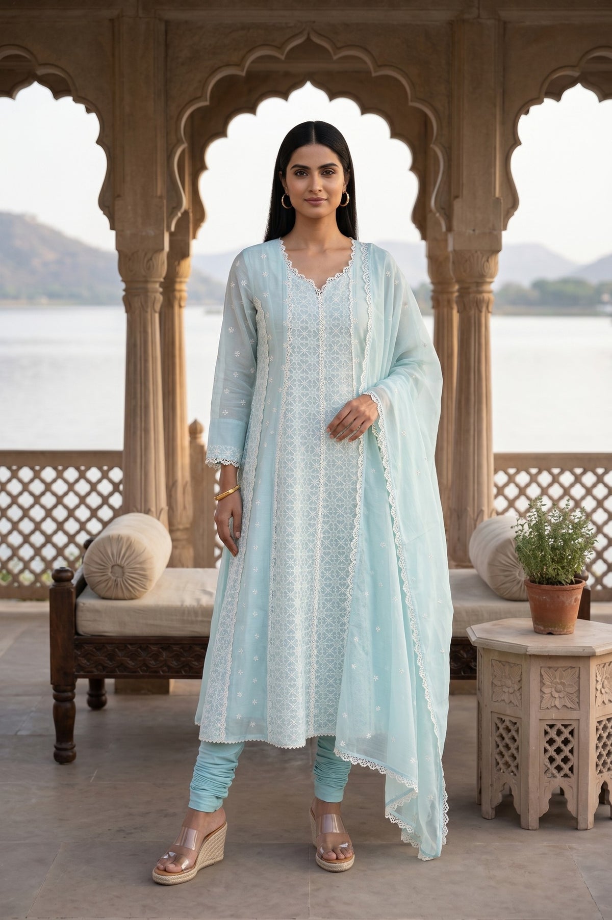 Light Blue Thread Embroidered Anarkali Kurta With Churidar And Dupatta Set - S