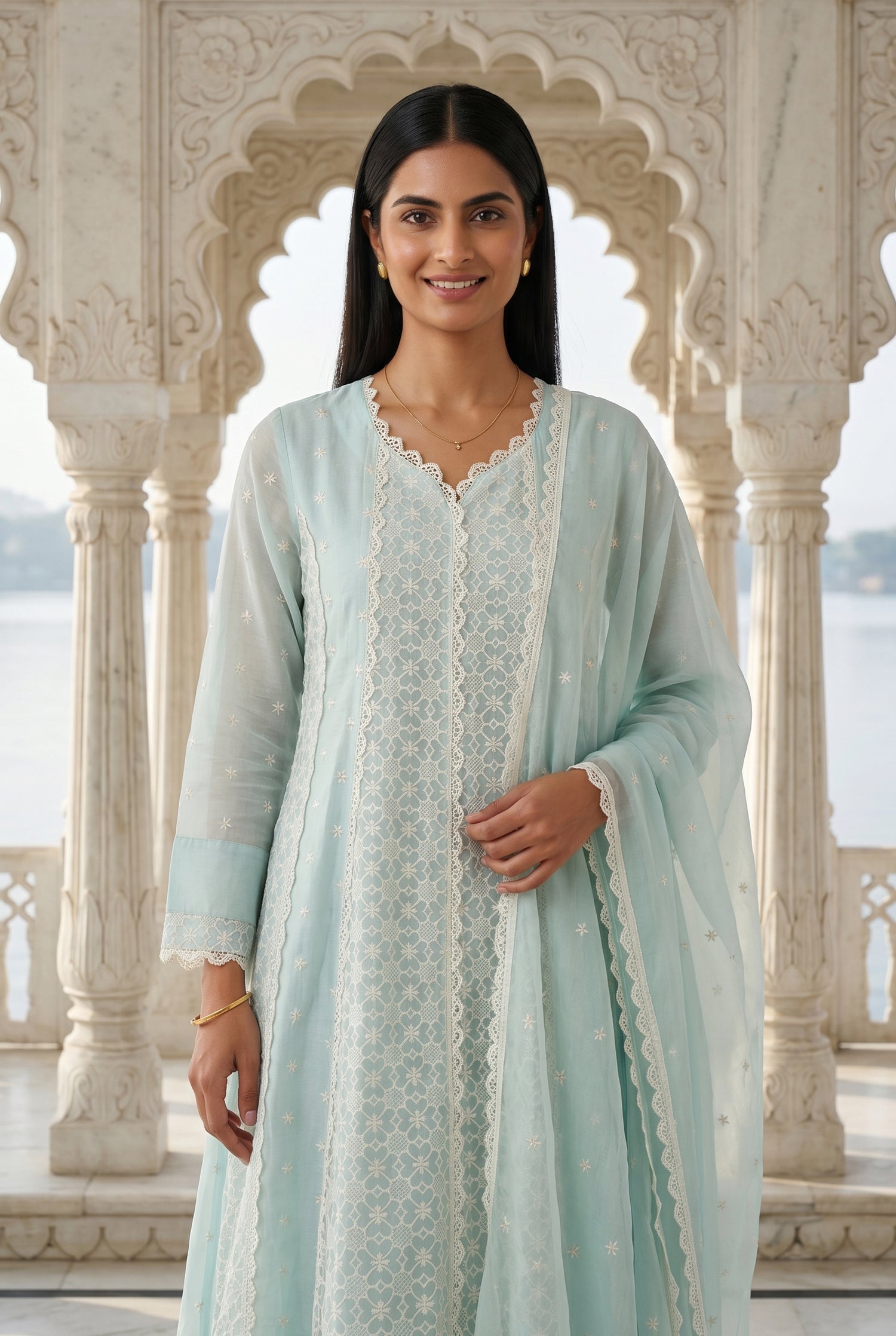 Light Blue Thread Embroidered Anarkali Kurta With Churidar And Dupatta Set