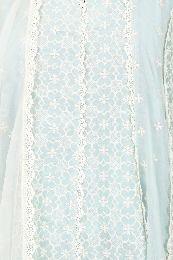 Light Blue Thread Embroidered Anarkali Kurta With Churidar And Dupatta Set