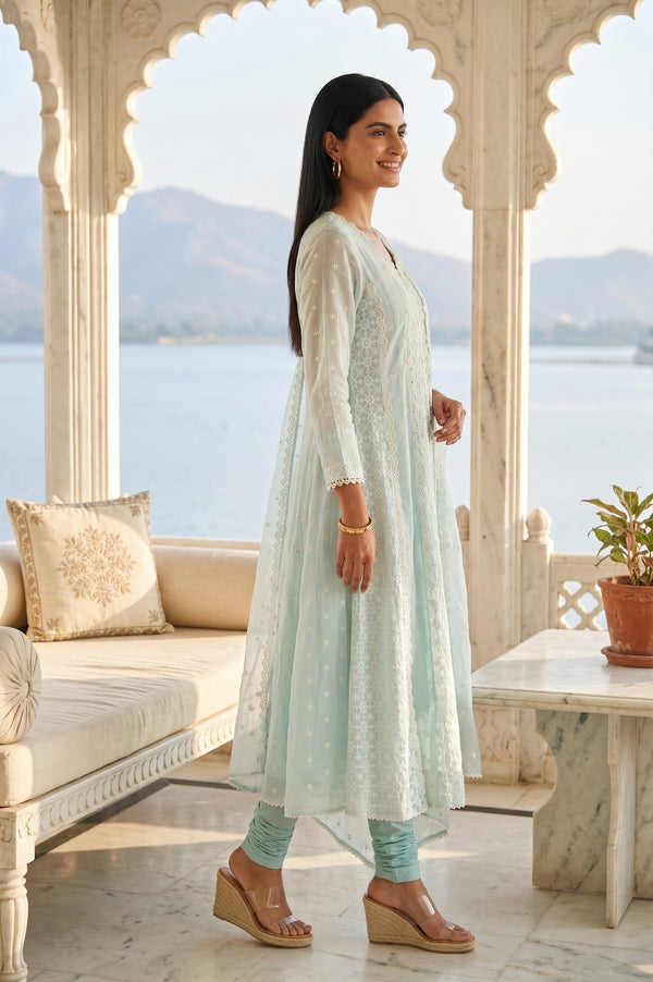 Light Blue Thread Embroidered Anarkali Kurta With Churidar And Dupatta Set