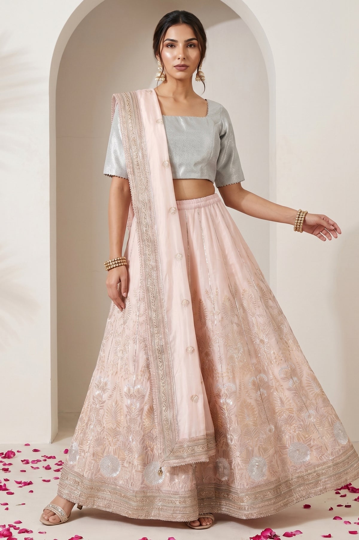 Blue and Peach Zari Embroidered Jacquard Blouse and Lehenga Set with Dupatta