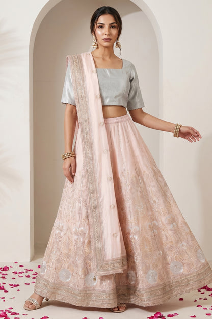Blue and Peach Zari Embroidered Jacquard Blouse and Lehenga Set with Dupatta