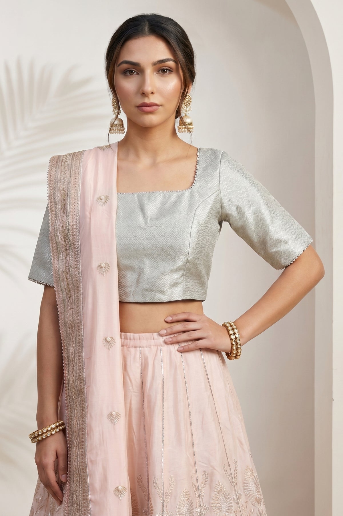 Blue and Peach Zari Embroidered Jacquard Blouse and Lehenga Set with Dupatta
