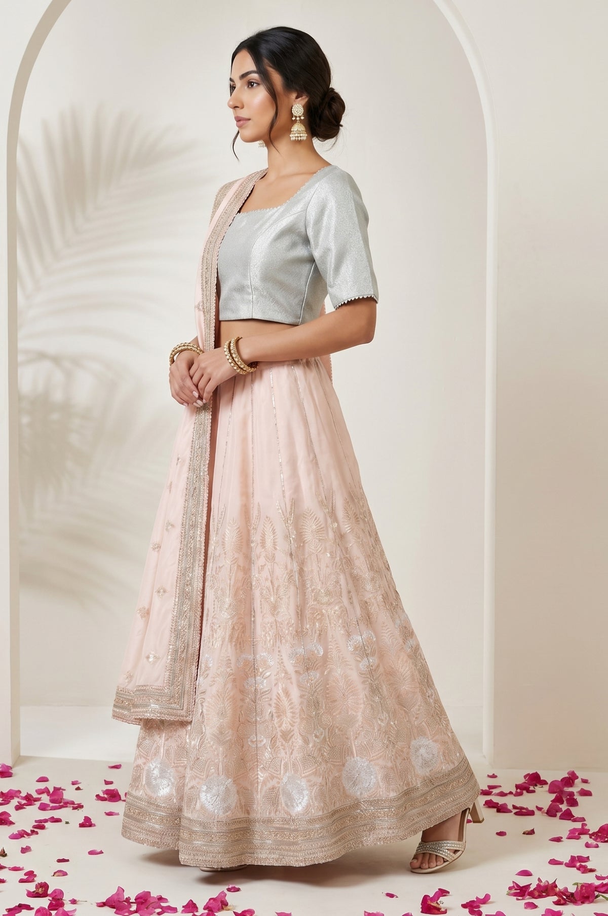 Blue and Peach Zari Embroidered Jacquard Blouse and Lehenga Set with Dupatta