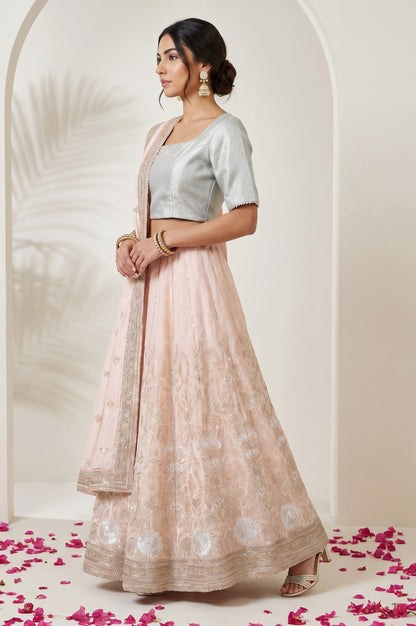 Blue and Peach Zari Embroidered Jacquard Blouse and Lehenga Set with Dupatta