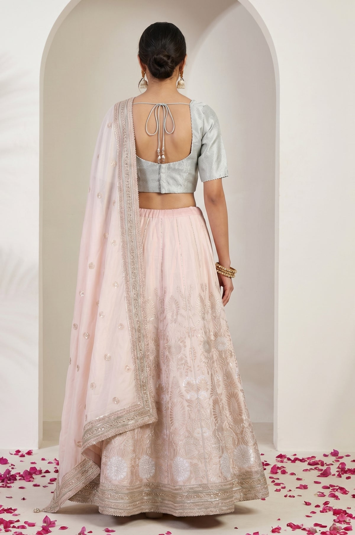 Blue and Peach Zari Embroidered Jacquard Blouse and Lehenga Set with Dupatta
