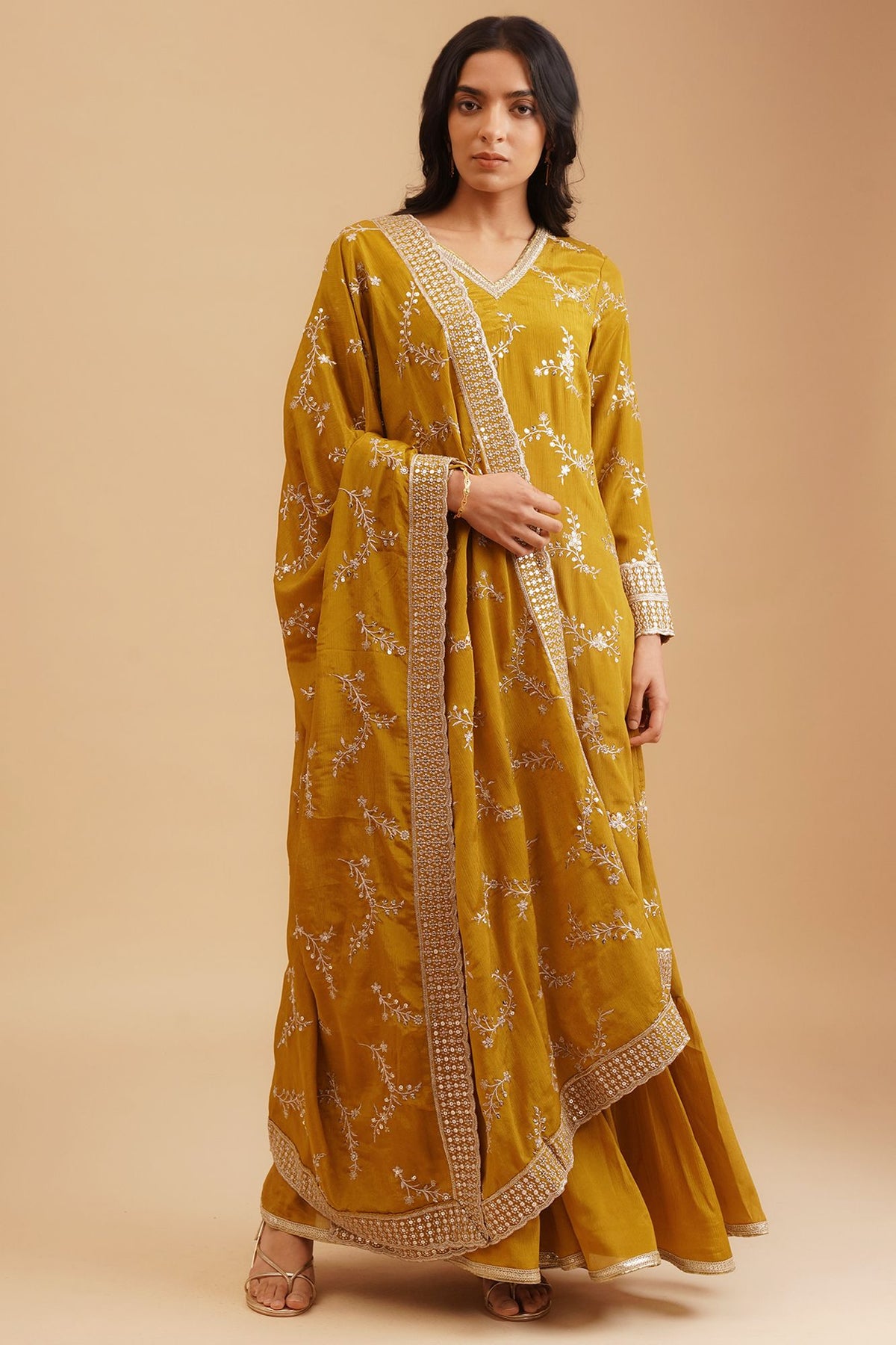 Mustard Sequins Thread Embroidered Chinon Straight Kurta sharara set for women