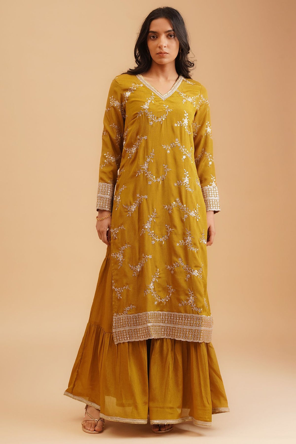 Mustard Sequins Thread Embroidered Chinon Straight Kurta sharara set for women