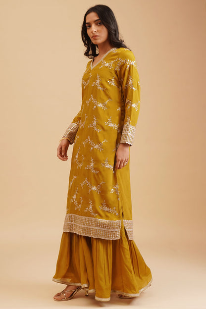 Mustard Sequins Thread Embroidered Chinon Straight Kurta with Sharara and Dupatta Set