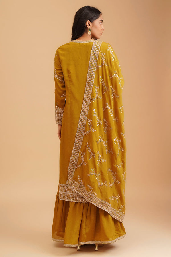 Mustard Sequins Thread Embroidered Chinon Straight Kurta sharara set for women
