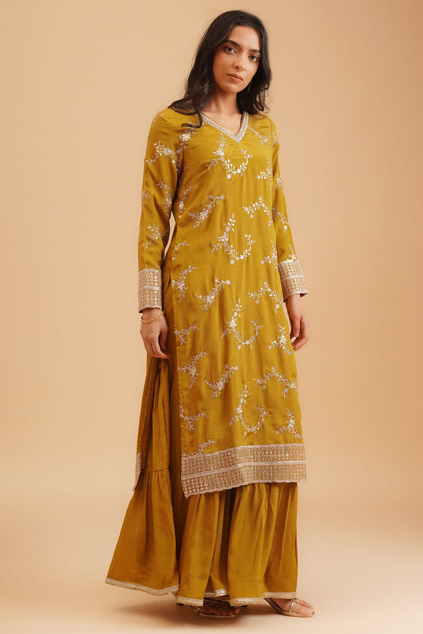 Mustard Sequins Thread Embroidered Chinon Straight Kurta sharara set for women