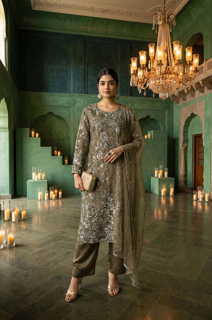 Olive Sequins Embroidered Mesh Straight Kurta with Parallel Pants and Dupatta Set