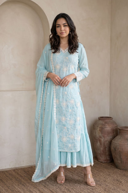 Wishful Blue Thread Embroidered Lace Tencel Straight Dress with Churidar and Dupatta Set