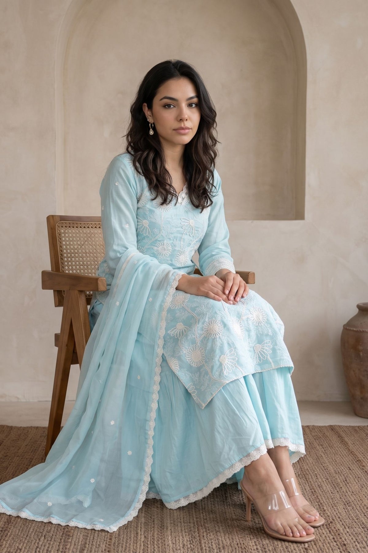 Wishful Blue Thread Embroidered Lace Tencel Straight Dress with Churidar and Dupatta Set