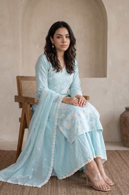 Wishful Blue Thread Embroidered Lace Tencel Straight Dress with Churidar and Dupatta Set