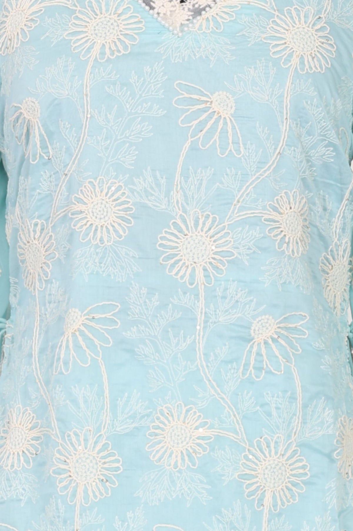 Wishful Blue Thread Embroidered Lace Tencel Straight Dress with Churidar and Dupatta Set