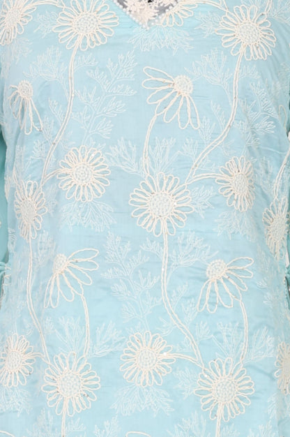 Wishful Blue Thread Embroidered Lace Tencel Straight Dress with Churidar and Dupatta Set