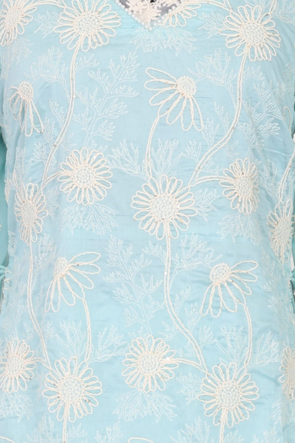 Wishful Blue Thread Embroidered Lace Tencel Straight Dress with Churidar and Dupatta Set